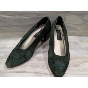 Anne Wells Blue Green Suede Embroidered Mid Heel Pumps